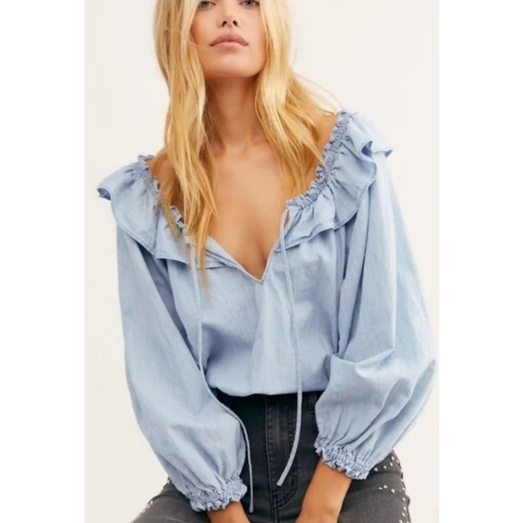 Free People Tops - Free People Lily Of The Valley Chambray Blouse in Blue Size Small